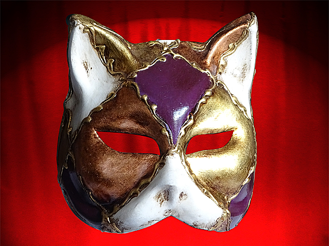 Half cat mask with rhombus, gold and copper foil.